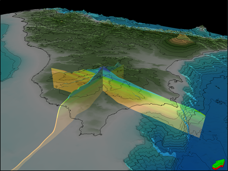 Area dello studio con sezioni trasversali lungo gli assi est&#8211;ovest e nord&#8211;sud che mostrano la variazione della salinit&agrave; con la profondit&agrave; (aumenta dal blu all&#8217;arancione). Credit: INGV